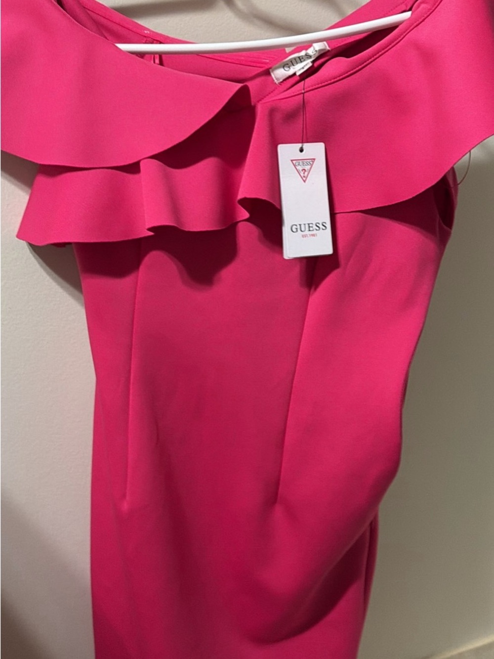 GUESS Pink One-Shoulder Ruffle Sheath Dress
